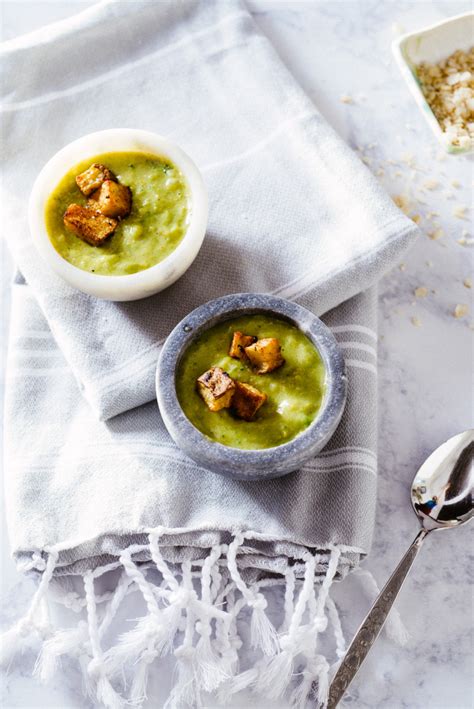 Creamy Non Dairy Broccoli Soup With Spicy Potato Croutons Luv Cooks