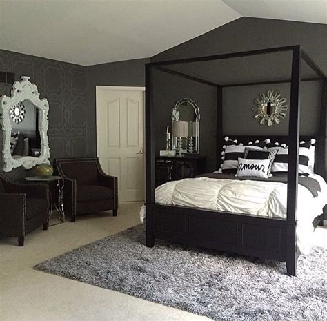 Black and grey bedroom grey bedroom design painted bedroom furniture bedroom paint colors home furniture bedroom designs furniture ideas bedroom ideas with dark grey carpet. Like the chairs and mirror idea against wall | Black ...