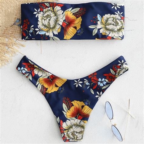 Knot Floral Print Bandeau Biquini Beachwear Padded Bikini Set