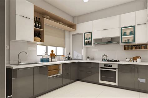 Spacious L Shaped Kitchen Design With Spice Racks Livspace