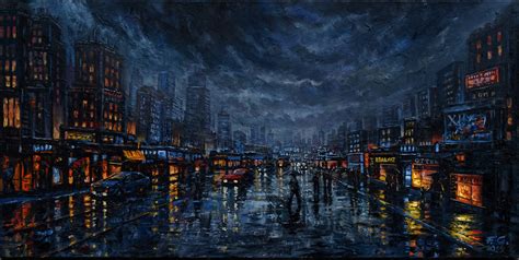 Rain On The Street Oil On Canvas 80x40cm Rart