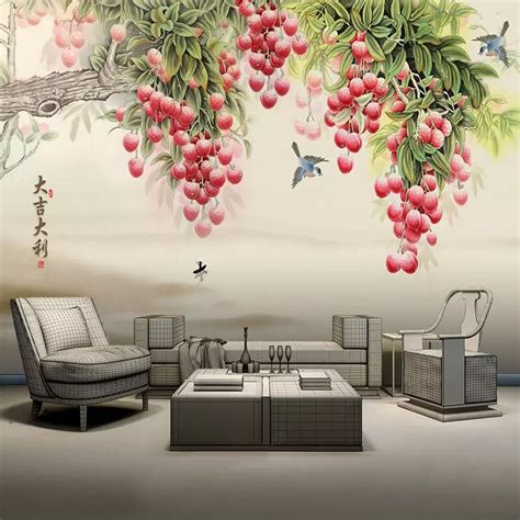 Custom Photo Wallpapers Chinese Style Hand Painted Fruit