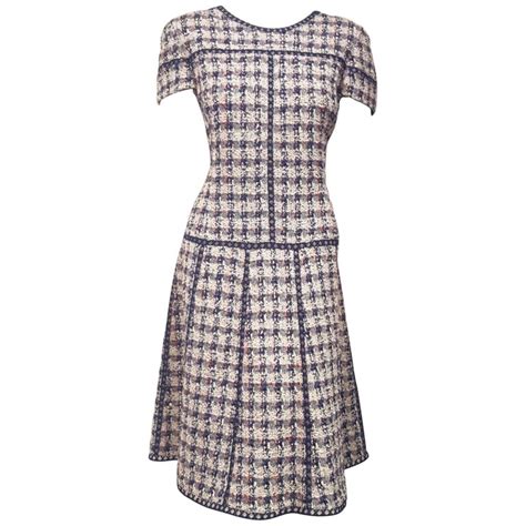 Oscar De La Renta Tweed Blue Pink And Beige Short Sleeve A Line Dress Size 14 Us For Sale At