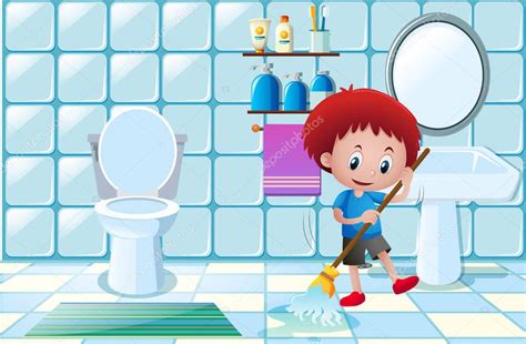 Boy Cleaning Wet Floor In Bathroom — Stock Vector © Brgfx 156944392