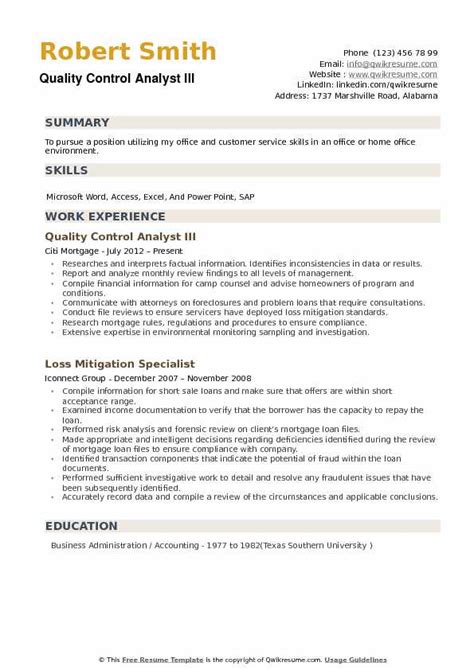 Quality control analyst resume examples. Quality Control Analyst Resume Samples | QwikResume