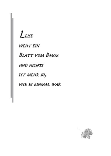 Wie verfasse ich eine persönliche trauerkarte & kondolenzkarte? Dezente Trauerklappkarte mit hochdeutschem Schriftzug "Leise weht ein Blatt vom Baum und nichts ...