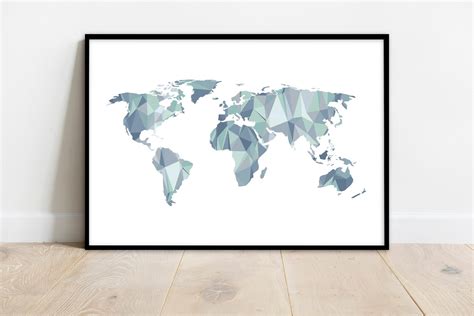Geometric Polygonal Map World Map Print Map World Low Poly Etsy