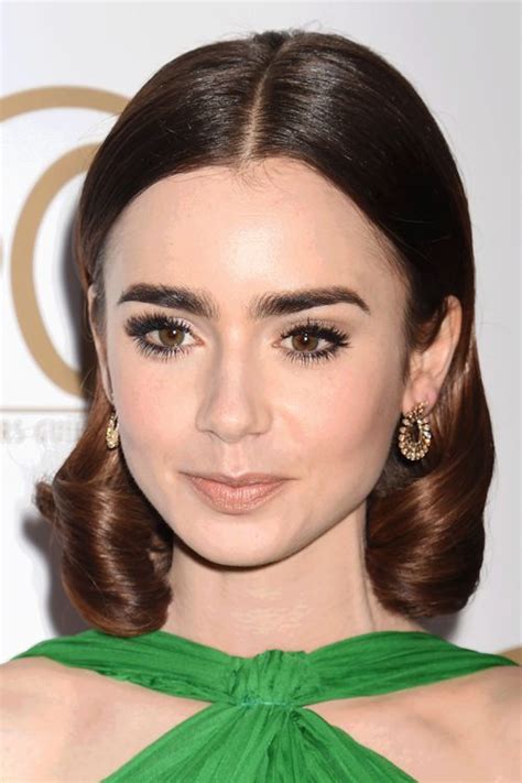 Lily Collins Wavy Dark Brown Inward Curl Retro Hairstyle Steal Her Style