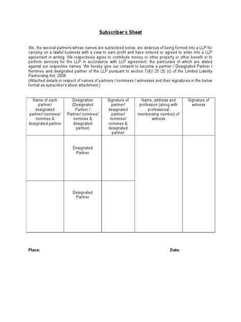 Draft Subscriber Sheet Llp Pdf
