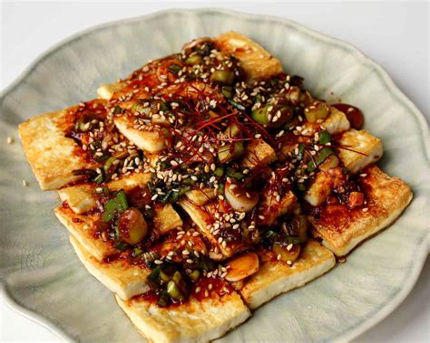 Korean Food Photo Pan Fried Tofu With Seasoning Sauce