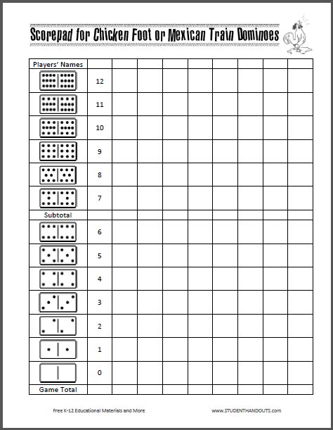 Scorepad For Chicken Foot Or Mexican Train Dominoes Free To Print