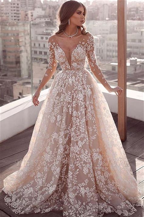 Beautiful Lace Applique Wedding Dresses Long Sleeves Floral Bridal