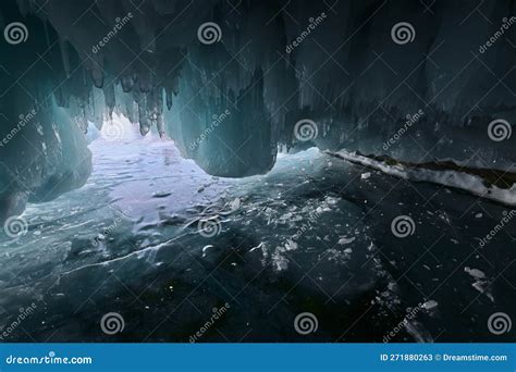 Frozen Blue Ice Cave At Lake Baikal In Winter In Siberia Russia Stock