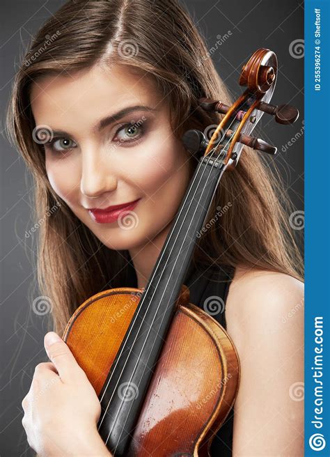 Woman Fashion Style Portrait With Violin Music Instrument Stock Photo
