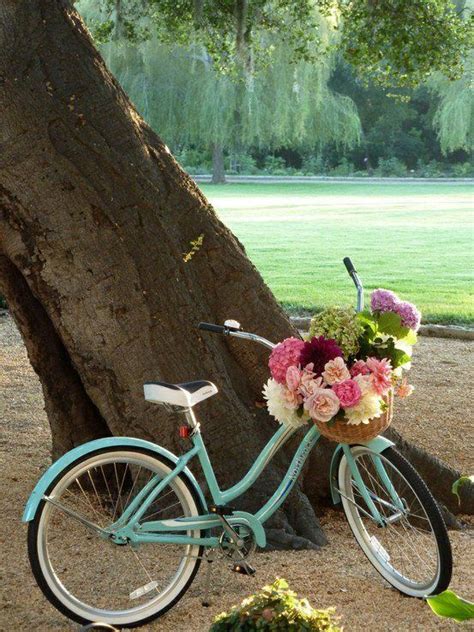 Bicycle with basket of flowers. Girls vintage style bike with basket full of flowers light ...