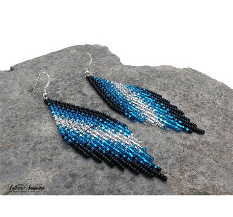 Blue Silver Statement Ombre Modern Earrings Native Seed Bead Etsy
