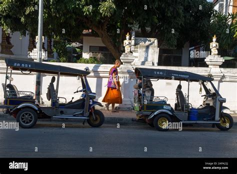 Thailand Tuk Tuks Parked Street Budhist Monk Walking Chiang Mai
