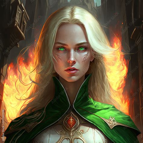 Beautiful Elf Girl Archer In A Forest With Fire Blonde Hair And Green