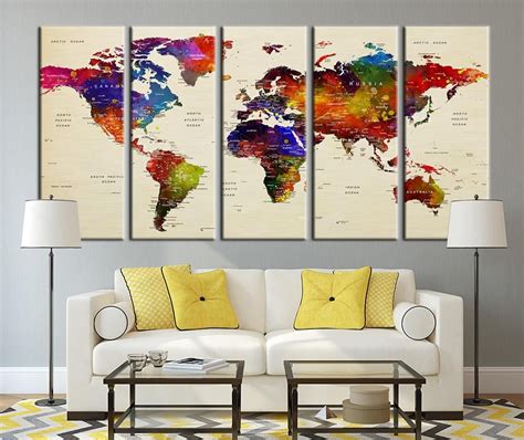 Push Pin Travel World Map Art Colored Countries Watercolor World Map