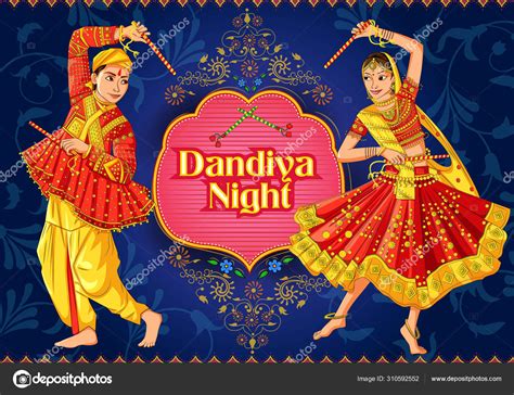 Indian Couple Playing Garba In Dandiya Night Navratri Dussehra Festival