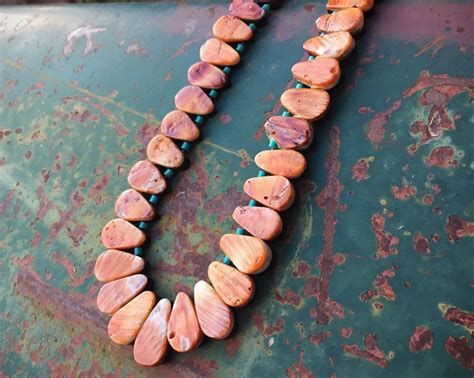 S Orange Spiny Oyster Shell Tab Necklace With Turquoise Heishi