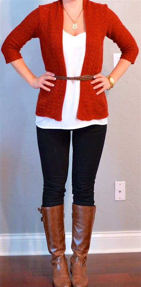 Outfit Post Rust Cardigan White Tank Black Jeans Brown Riding Boots