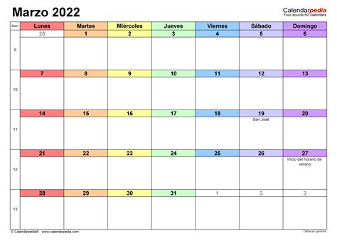 Calendario Marzo 2022 En Word Excel Y Pdf Calendarpedia