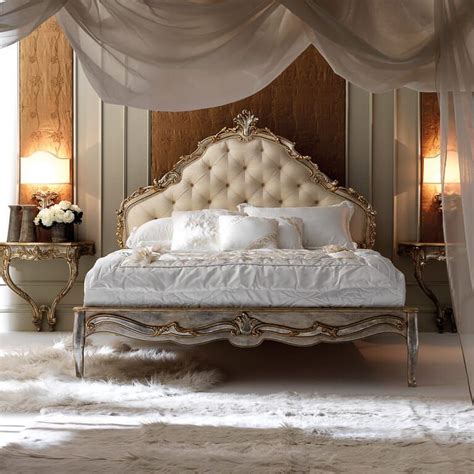 Italian Silver Leaf Rococo Button Upholstered Bed Upholstered Beds