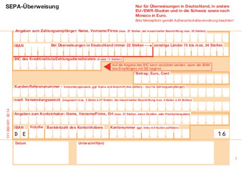 Ausdruck von allen kontoinhabern unterschreiben lassen. SEPA Überweisung, Standardformular, Einzelblatt ...
