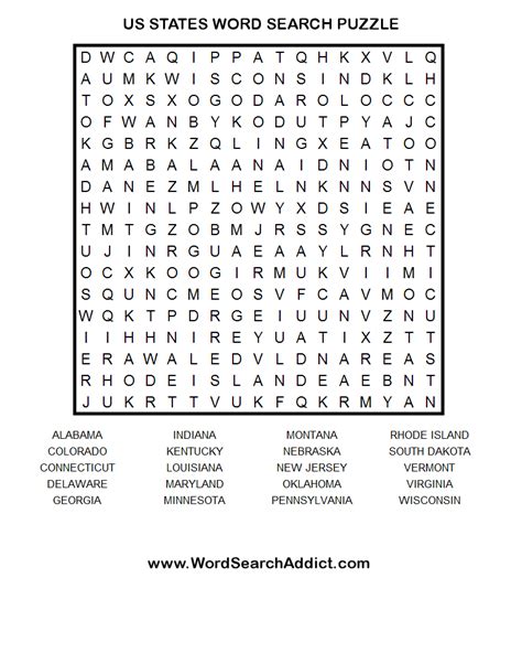 Us States Printable Word Search Puzzle Word Search