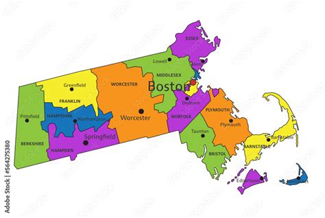 Colorful Massachusetts Political Map With Clearly Labeled Separated