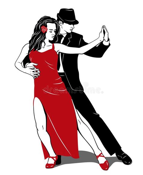 Argentine Tango Couple Dancing Woman In Red Dress Man In Black Suit Stock Vector