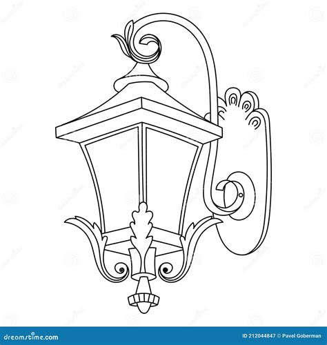Vector Linear Drawing Of A Street Lamp Black Outline On A White