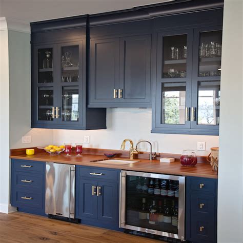 See more ideas about kitchen design, white kitchen, white kitchen cabinets. Navy Wet Bar Cabinets with Wood Countertops and Stainless ...