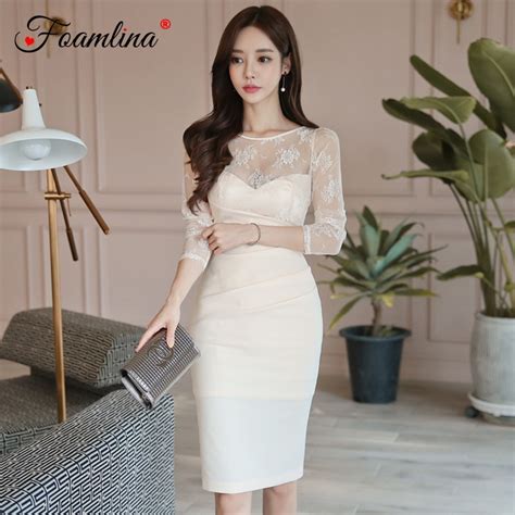 Buy Foamlina Korean Fashion Women Floral Lace Bodycon Dress Spring Autumn Long