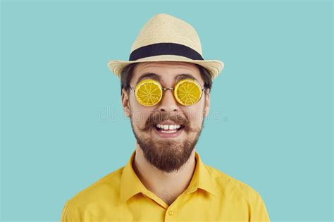 Funny Man In Sunglasses Holding Rubber Ring And Jumping Isolated On
