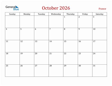 October 2026 France Monthly Calendar With Holidays