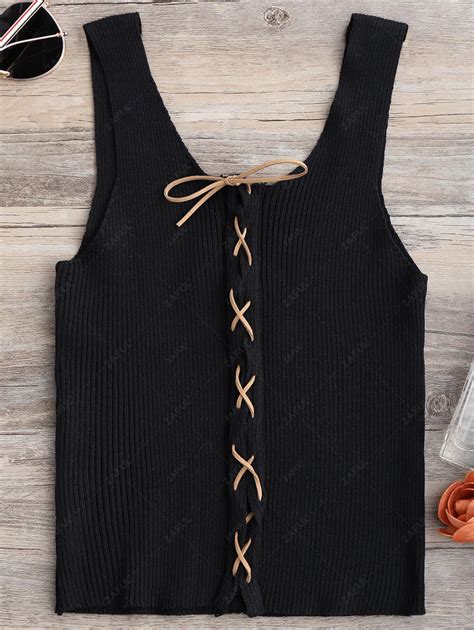17 Off 2021 Knitting Lace Up Tank Top In Black Zaful