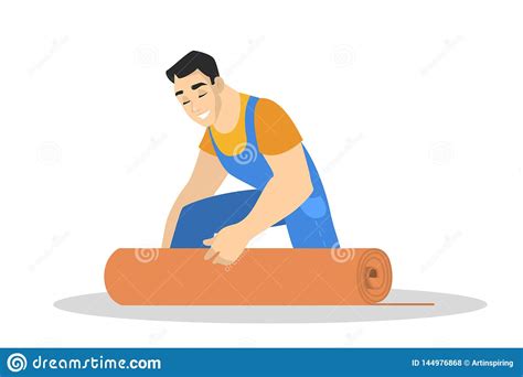 Man In The Uniform Laying Carpet On The Floor Stock Vector