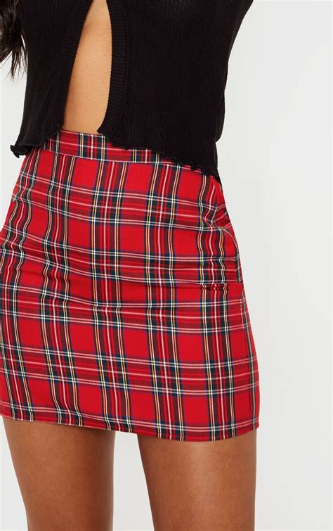 Red Tartan Woven Mini Skirt Skirts Prettylittlething Usa