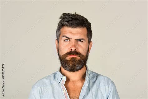 Serious Bearded Man In Casual Clothes Fashion Model With Stylish Hair