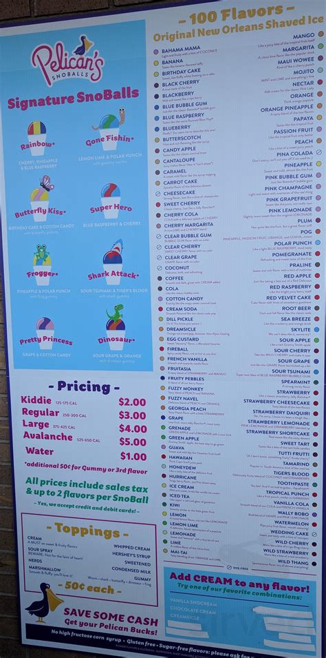 $10 childrens menu (8 years & under). Pelican's Snoballs menu in Laurens, South Carolina, USA