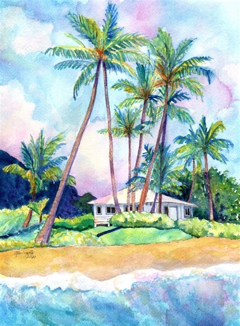Gillins Beach House Art Print Beach House Painting Kauai Wall Art
