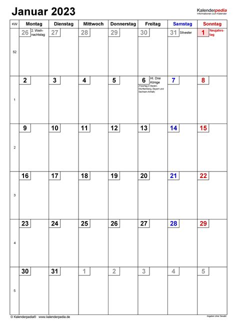 Kalender Januar 2023 als Word-Vorlagen