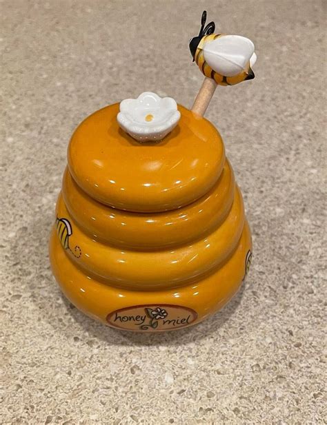 Joie Ceramic Beehive Honey Pot Jar W Wooden Bee Shape Dipper Gold Yellow Flower Ebay