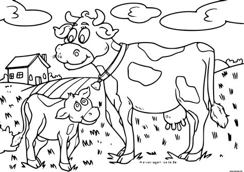 Coloriage vache veau sur une ferme  JeColorie.com