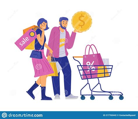 Happy Shoppers Characters With Purchases Cartoon Vector Illustration