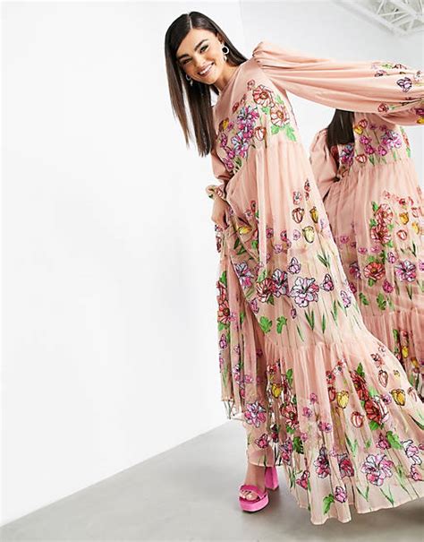 Asos Edition Embroidered Trapeze Maxi Dress With Puff Sleeves In Blush
