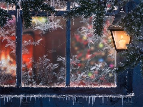 Beautiful Christmas Window Snow Lights A Lantern Icicles Through