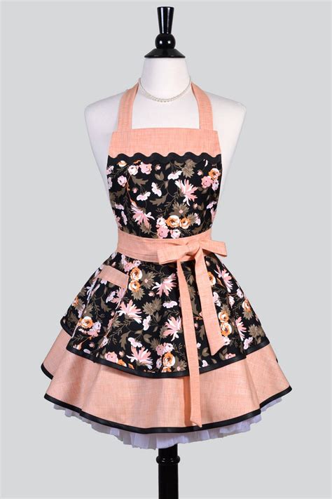 Ruffled Retro Pinup Apron Womens Persimmon Black Floral Vintage Style
